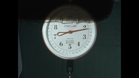 1950s: gauge of hanging grocer's scale in pounds, needle wiggles slightly as it points to just under 2 and a half pounds, side-by-side chart comparing Number System and Metric System, units are added