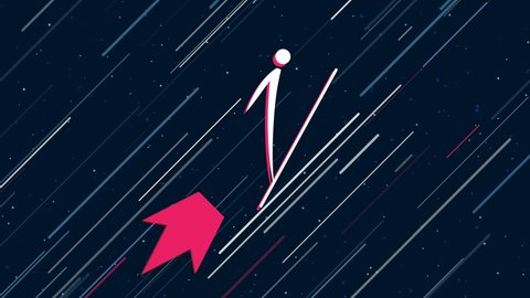 Ski jumping symbol flies through the universe on a jet propulsion. The symbol in the center is shaking due to high speed. Seamless looped 4k animation on dark blue background with stars