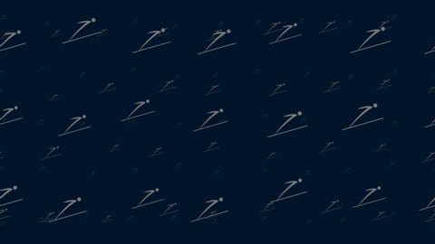 Ski jumping symbols float horizontally from left to right. Parallax fly effect. Floating symbols are located randomly. Seamless looped 4k animation on dark blue background