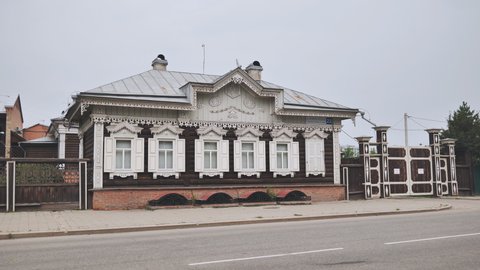 Irkutsk, Russia - August 21 , 2021: Russian folk style in Irkutsk architecture.