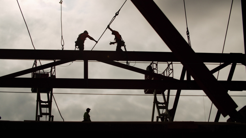 Construction Site Steel Beam Workers Silhouette Stock Footage Video ...