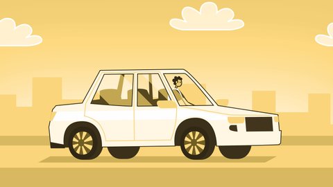 Yellow Style Man Flat Character Driving White Car. Isolated Loop Animation with Alpha Channel