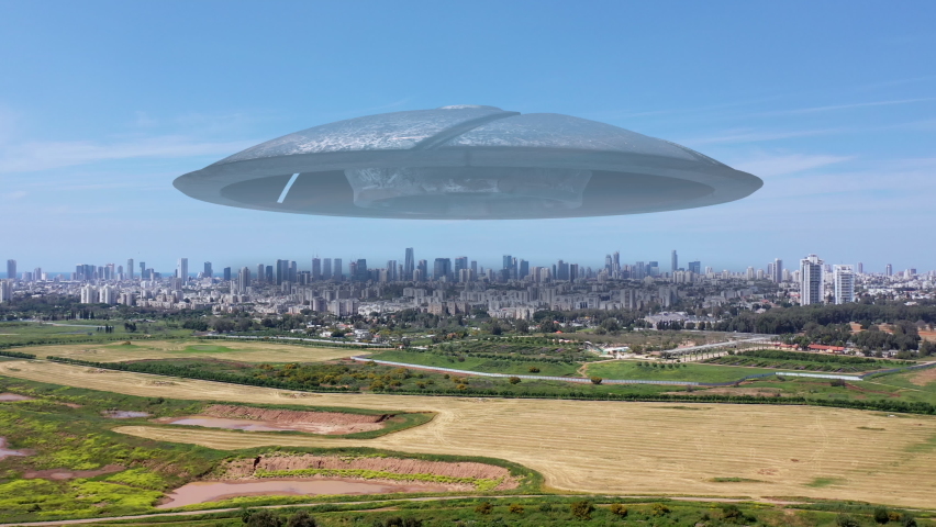 Massive ufo Flying saucer hovering over large city Aerial view
Drone view over tel aviv city with alien spaceship and military helicopters, alien invasion concept
