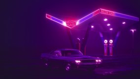 Neon gas station and retro car. Cyberpunk fog rain and night. Colour reflections on asphalt. Dodge challenger. 3d illustration.	4k video.