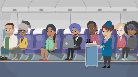 Air hostess serving drink to economy class passenger cartoon animation concept