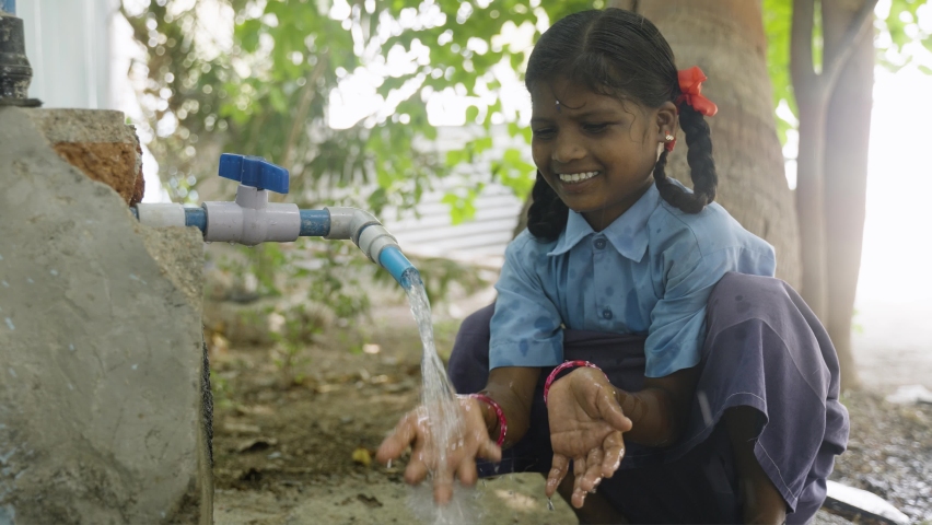 village school girl kid drinking public tap water after playing at school - concept of hygiene, safety and healthcare Royalty-Free Stock Footage #1089831435