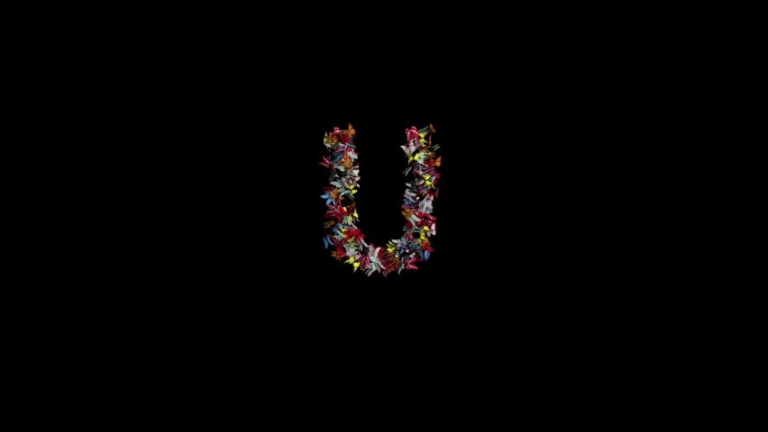 3d animation of Colored Butterfly Gathering and forming Typeface with separate alpha the character U