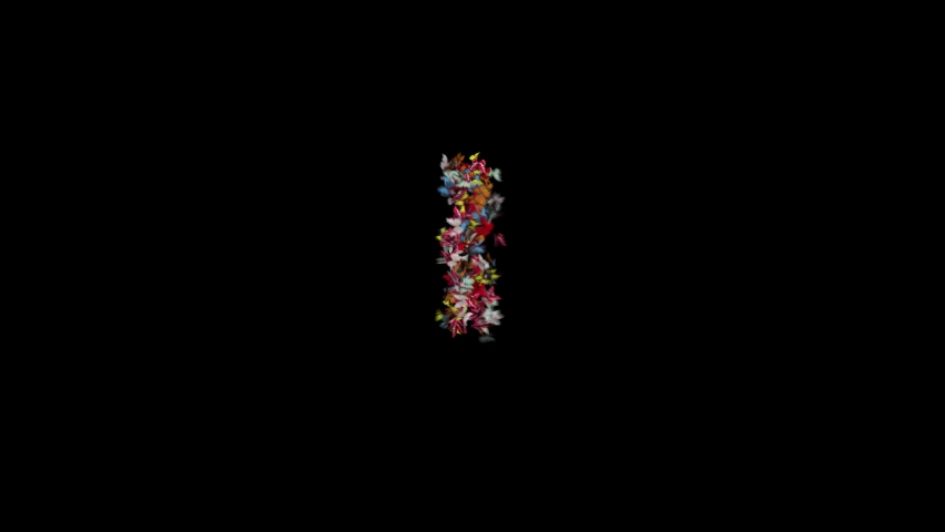 3d animation of Colored Butterfly Gathering and forming Typeface with separate alpha the character I