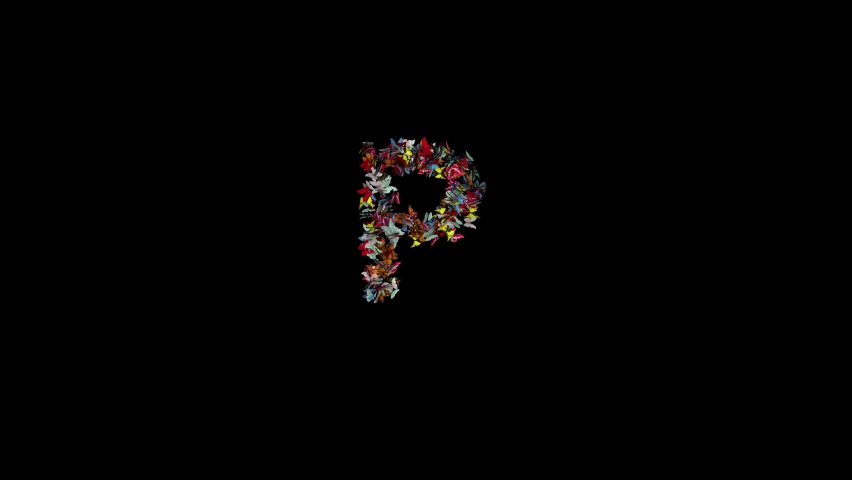 3d animation of Colored Butterfly Gathering and forming Typeface with separate alpha the character P