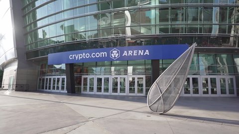 LOS ANGELES, CA, USA - April 30, 2022: Crypto.com Arena in Los Angeles. sports and entertainment stadium, home of the LA Lakers. former Staples Center. Urban life, tourism destination, city in America