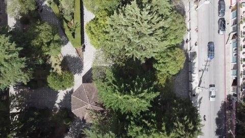 Cenital dron shot of a park in San Cristobal de las Casas