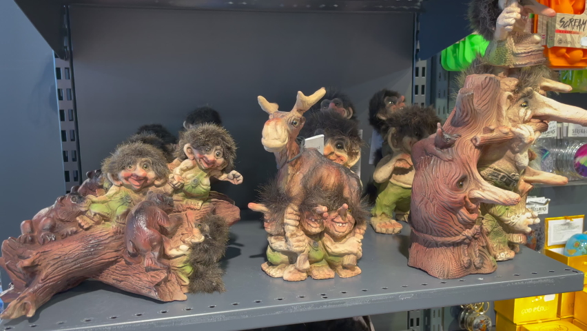 Gifts of Troll souvenir in a Norwegian shop for sale, Pedestal shot close up. Norway