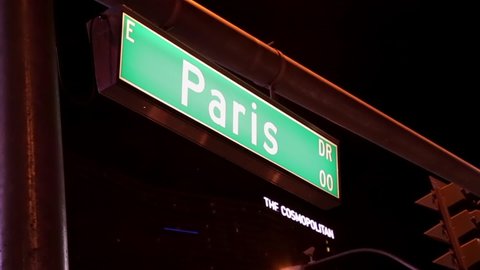 Las Vegas, USA - January 2016 : Paris sign on the Las Vegas Strip in Paradise, Nevada at night