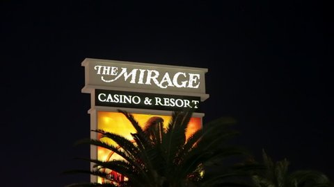 Las Vegas, USA - January 2016 : Neon sign of the Mirage hotel and casino at night on the Strip in Paradise, Nevada, United States