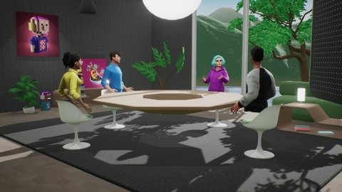 People communicate in the metaverse. Employees meet and talk in a virtual office meeting room on a sunny day. VR work space with NFT pictures and 3d furniture.