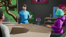 People communicate in the metaverse. Employees meet and talk in a virtual office meeting room on a sunny day. VR work space with NFT pictures and 3d furniture. - Powered by Shutterstock - Get 15% off with code: PIKWIZARD15