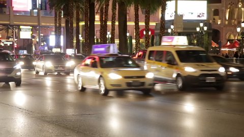 Las Vegas, USA - January 2016 : Heavy traffic on the Las Vegas Strip at night with lots of taxis driving, USA
