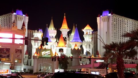 Las Vegas, USA - January 2016 : Excalibur Hotel and Casino at night, a medieval themed resort located on the Las Vegas Strip in Paradise, Nevada, in the United States