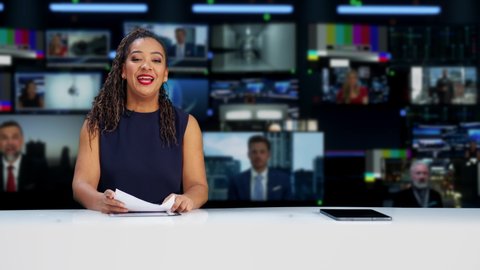 TV Live News Program with Professional Female Presenter Reporting. Television Cable Channel Anchorwoman Talks, Business, Economy, Entertainment. Mockup Network Broadcasting Playback in Newsroom Studio