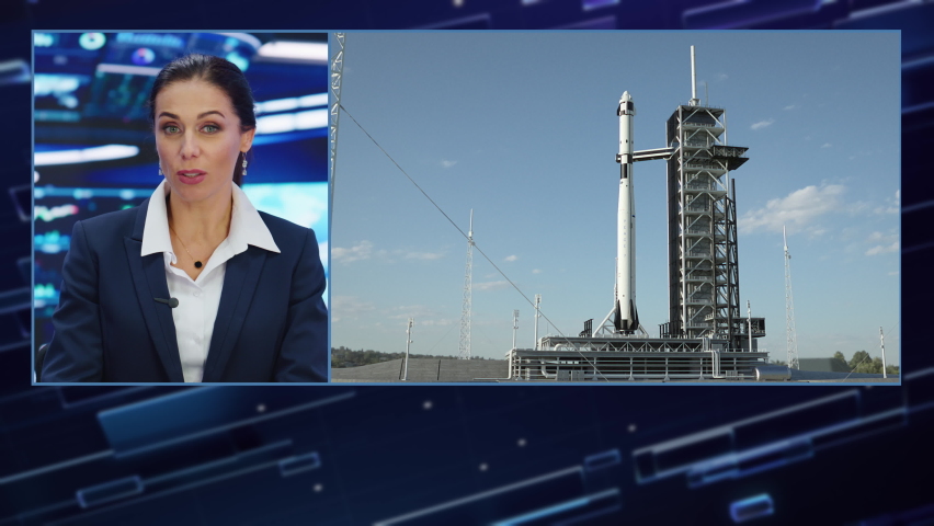 Split Screen TV News Live Reportage: Anchorwoman Talks. Space Travel, Successful Rocket Launch with Astronaut, Control Room Celebrating. Television Program Channel Playback. Luma Matte | Shutterstock HD Video #1089838781