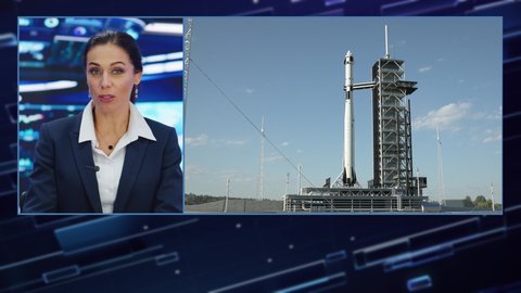 Split Screen TV News Live Reportage: Anchorwoman Talks. Space Travel, Successful Rocket Launch with Astronaut, Control Room Celebrating. Television Program Channel Playback. Luma Matte