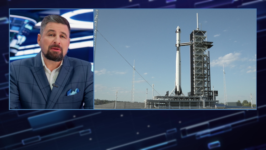 Split Screen TV News Live Report: Anchor Talks. Reportage Montage: Space Travel, Successful Rocket Launch with Astronaut, Control Room Celebrating. Television Program Channel Playback. Luma Matte | Shutterstock HD Video #1089838783