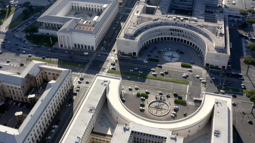 Aerial view of the modern EUR district in Rome, Italy, built for the Universal Exposition that should have been held in the Capital in 1942. 
