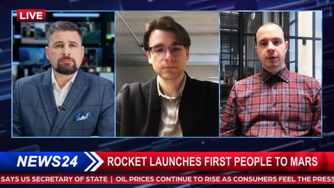 Split Screen TV News Live Report: Anchor Talks. Reportage Montage: Space Travel, Successful Rocket Launch with Astronaut. Commentator Experts Talk. Television Program Channel Playback. Luma Matte
