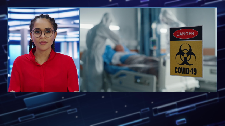 Split Screen Montage TV News Live Report Anchor Talks. Virus Crisis: Hospital Emergency, Doctors and Patients, Vaccination,  Health Care. Television Program Channel Playback. Alpha | Shutterstock HD Video #1089840501