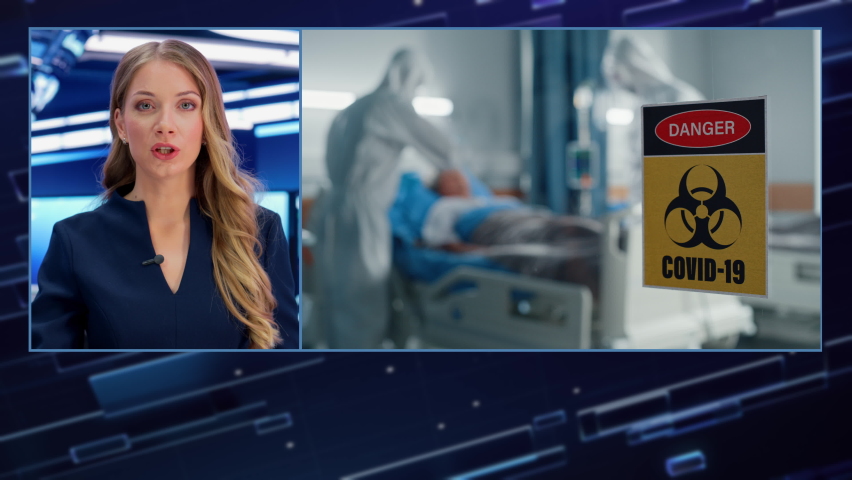 Split Screen Montage TV News Live Report Anchor Talks. Covid-19 Crisis: Hospital Emergency, Doctors and Patients, Vaccination, Production, Health Care. Television Program Channel Playback. Luma Matte | Shutterstock HD Video #1089840503