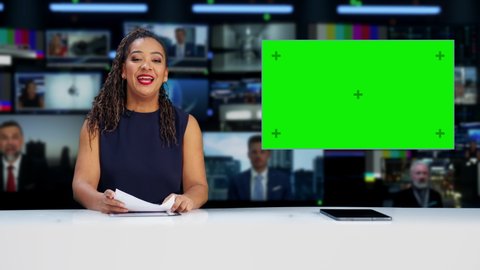 Split Screen TV News Live Report: Anchor Talks, Reporting. Reportage Montage with Picture in Picture Green Screen. Side by Side Chroma Key Display. Television Program Channel Playback. Luma Matte