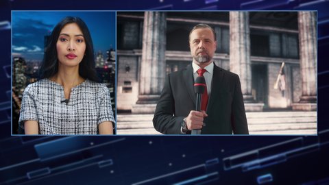 Split Screen Montage TV News Live Report: Anchorwoman Talks with Correspondent Reporting Outside Parliament, Court, Government. Politics, Economy. Television Program Cable Channel Playback. Alpha