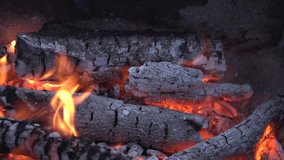 Close-up flames of a campfire, wood, coals, ash. Fire for a barbecue in the summer evening. Beautiful natural video 4K.Closeup bonfire