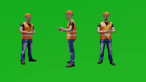 3d Construction worker man talk green screen people chroma key background 3d render animation