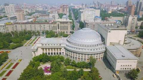 Russia, Novosibirsk - July 19, 2018: Novosibirsk State Academic Theater of Opera and Ballet, Aerial View Hyperlapse, Point of interest