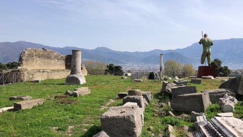 Pompeii, Naples - APR16, 2022: Pompeii site, panoramic view of famous unesco Archaeological Park at sunny day, Naples, Italy.