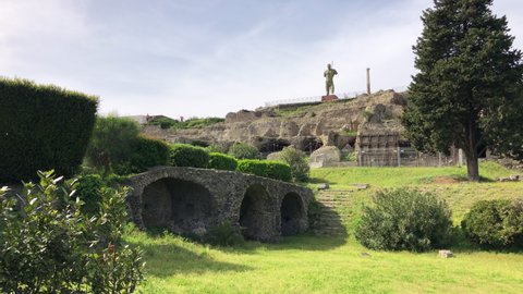 Pompeii, Naples - APR16, 2022: Pompeii site, panoramic view of Italian unesco famous Archaeological Park at sunny day, Italy.
