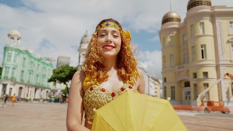 Portrait of Frevo dancer at the street carnival in Recife, Pernambuco, Brazil. 4K.