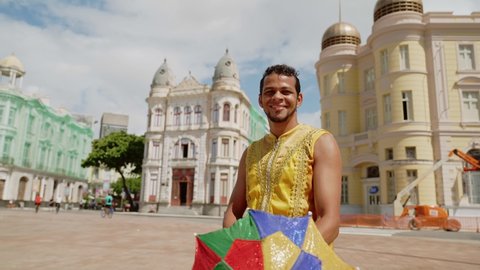 Portrait of Frevo dancer at the street carnival in Recife, Pernambuco, Brazil. 4K.
