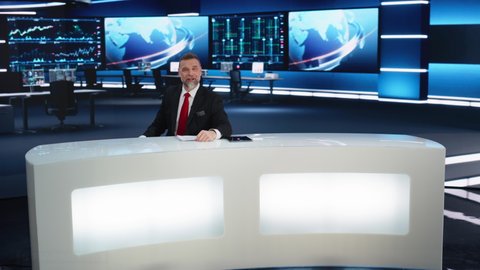 Mock-up Television Channel with Live TV News. Diverse Team of Multi-Ethnic Anchors, Specialists Talking, Reporting, Interview Experts. Program Broadcast Channel Playback. Split Screen Montage