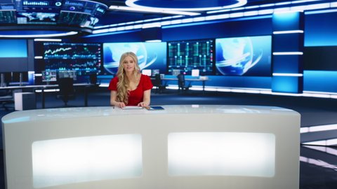 Mock-up Television Channel with Live TV News. Anchorwoman Leads with Diverse Team of Anchors, Specialists Talking with Experts, Reporting. Program Broadcast Channel Playback. Split Screen Montage