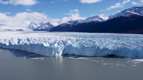 Patagonia Argentina. Panorama landscape of Perito Moreno Glacier Los Glaciares National Park. Travel destination. Patagonia landscape. Glacial water. Glacial lake. Antarctic landscape. Arctic outdoor.