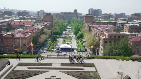 Yerevan, Armenia - April 30, 2022 - Yerevan city aerial view seen from the top of Casecade Complex in Yerevan, Armenia on a bright sunny day