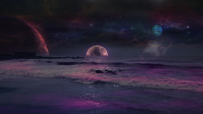 Deep Space Ocean Shore Landscape Planets In Sky. Surreal landscape of an colorful ocean with planets in sky. Multicolored dimension Royalty-Free Stock Footage #1089846885