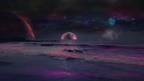 Deep Space Ocean Shore Landscape Planets In Sky. Surreal landscape of an colorful ocean with planets in sky. Multicolored dimension - Powered by Shutterstock - Get 15% off with code: PIKWIZARD15