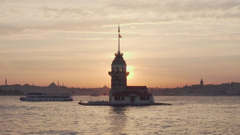 Awesome sunset view of the Maiden's Tower (Leander's Tower) and the Bosporus in Istanbul, Turkey. Istanbul is a popular tourist destination in the world.