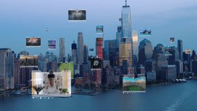 Connected aerial city with several interfaces. Futuristic concept. Augmented reality overManhattan, New York City, United States.