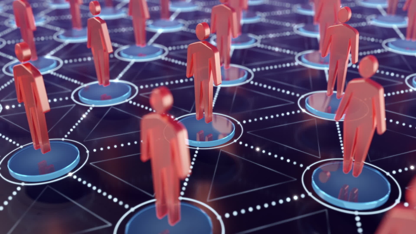 Graphic Representation of a Social Network. A group of human figures with different genders are arranged above of interconnected cell nodes. 3D rendering animation on the theme of Social Relations. Royalty-Free Stock Footage #1089848293