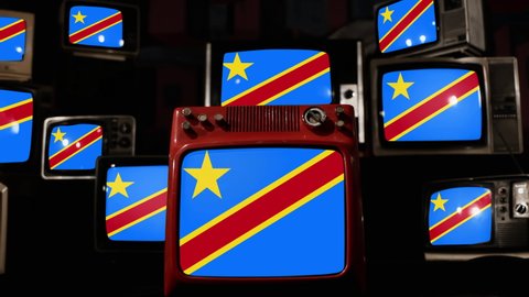 Flag of the Democratic Republic of the Congo and Vintage Televisions. 4K Resolution.