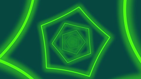 Abstract digital neon polygon shapes tunnel background. Blurred futuristic sparkling animation pattern that moves forward of green orange cyan changing colors. Technology and cyber concept